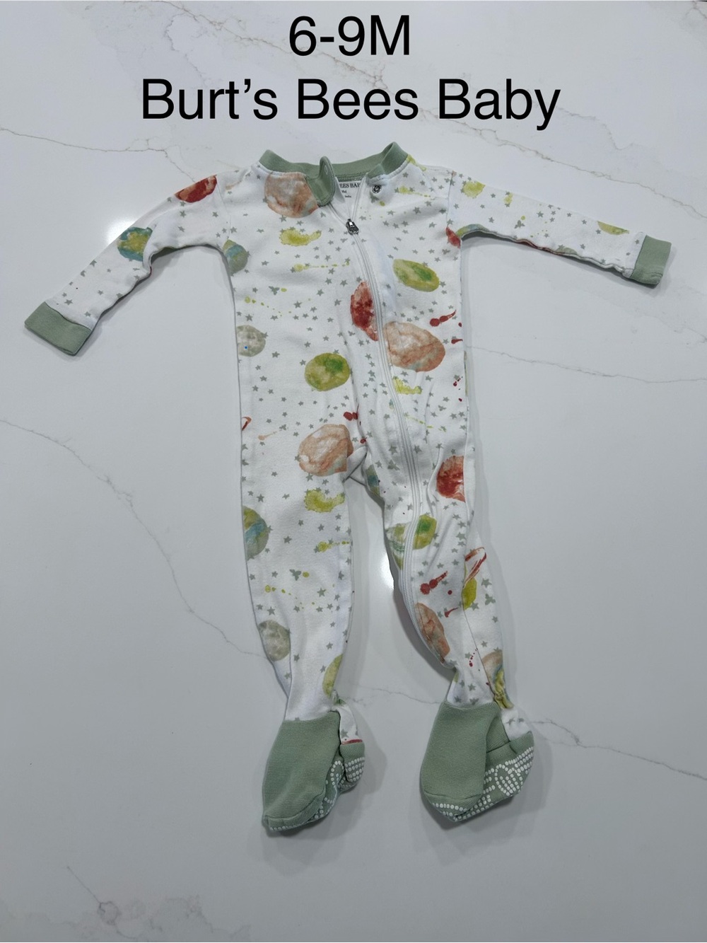 Burt's Bees Baby White Planet Print Footed One-Piece with Green Trim